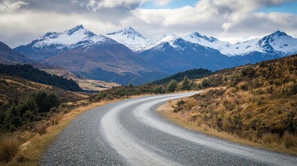 Fototapeta premium Winding gravel road leads through mountains and meadows.