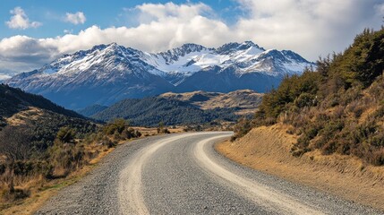 Naklejka premium Winding gravel road leading to snow-capped mountains.