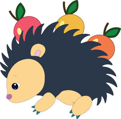 a cute hedgehog walks on all paws and carries apples on his needles, stock vector