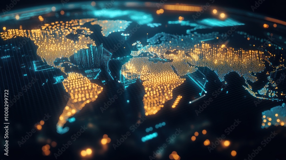 Poster abstract digital globe with glowing dots and lines.