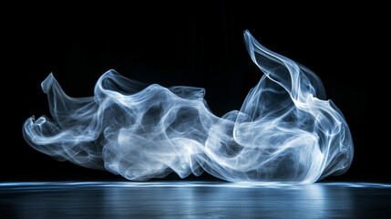 Fototapeta premium Mystical mist. Swirling smoke in dark and light symphony. Fluid fantasia. Abstract dance of fog and light on floor with black background 