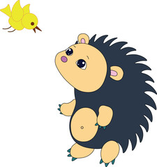 cute hedgehog looking up at flying yellow canary bird, stock vector