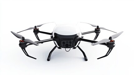 Black and White Drone with Camera and Propellers on White Background