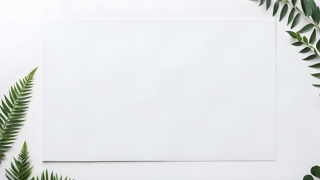 Top view blank space white rectangle paper mock up adorned by tropical plant leaf on white table for creative design