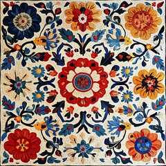 Decorative floral pattern bursting with bright red and blue flower accents design