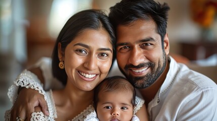 Fototapeta premium Happy family portrait with baby indoors during the day