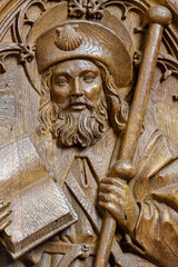 Old wood sculpture of Saint James the Greater or Saint James of Compostela or Saint Jacques de Compostelle. Saint and apostle of the Roman Catholic Church.