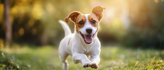 A heartwarming real-life photo of a playful dog in a sunny outdoor setting, capturing its joyful expression and energetic stance, with ample space around the subject for adding text or graphics 
