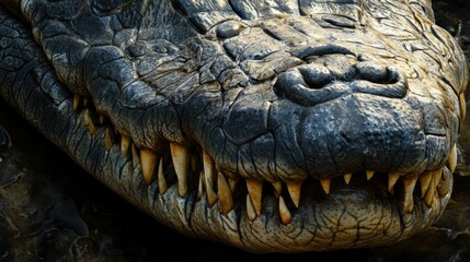 Fototapeta premium Close-up of a crocodile's mouth showing sharp teeth.