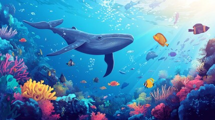 Obraz premium A blue whale swims over a vibrant coral reef teeming with colorful fish.