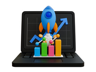 3D illustration of a rocket launching from a laptop with a growth chart, symbolizing business success, startup growth, and financial progress.
