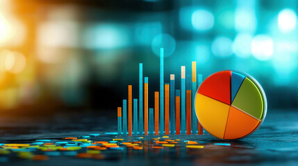 Colorful pie chart and bar graphs illustrating data analysis in a modern office setting.