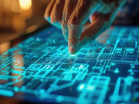 Hand interacting with digital touchscreen displaying circuit board layout.