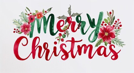 Obraz premium merry christmas word lettering with watercolor painting flowers on plain white background