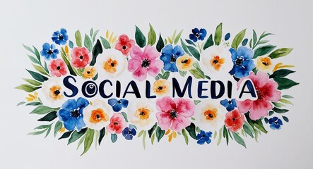 social media word lettering with watercolor painting flowers on plain white background