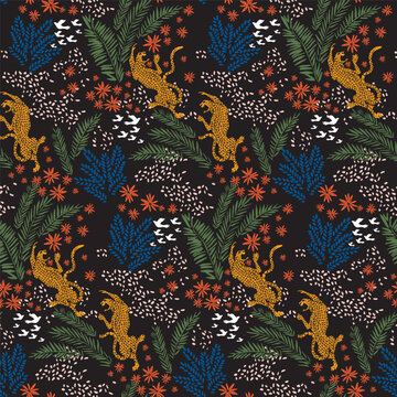 abstract aminal and leaf texture print pattern. Black background