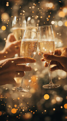 Hands toasting champagne glasses in festive celebration with bokeh