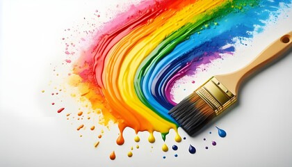 Rainbow color paint scattered on a white canvas, generative AI