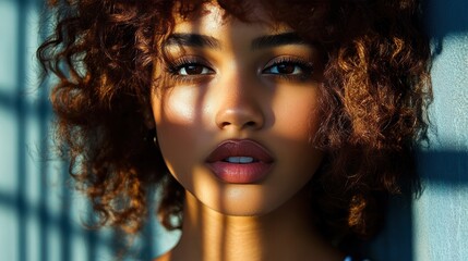 Fototapeta premium Sun-kissed portrait of young woman with curly hair
