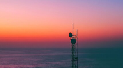 Obraz premium A telecommunications tower silhouetted against a vibrant sunset over the ocean.