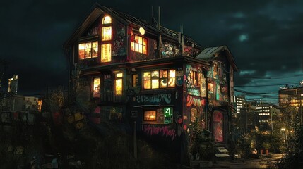 A brightly lit, graffiti-covered building in the city at night.