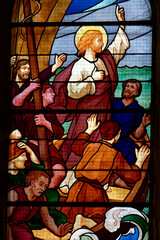 Stained glass (1926) of the Miracle of Jesus calming the storm.
