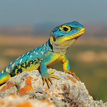 Vivid Flat Lizard Basking on Sunlit Rocks in a Vibrant Natural Habitat Under Clear Blue Skies