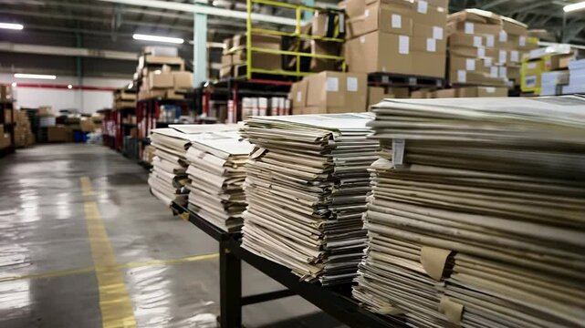 Stacks of newspapers in a warehouse setting with cardboard boxes on shelves, 4k footage
