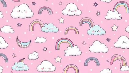 cute pink clouds and rainbows pattern