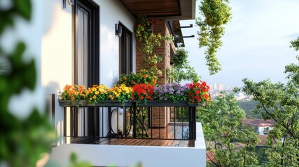 Naklejka premium A balcony with colorful flowers and a wooden floor, overlooking a city skyline and lush trees.