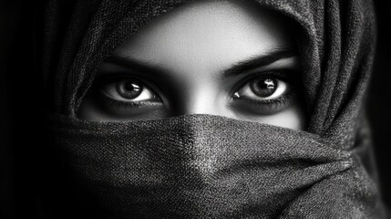 Naklejka premium Mysterious eyes peeking textured veil in monochrome