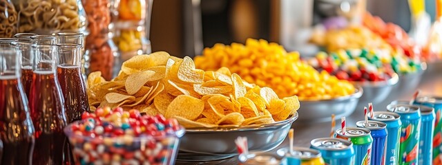 Colorful assortment of snacks and beverages displayed at a party during summer afternoon gathering in a lively atmosphere