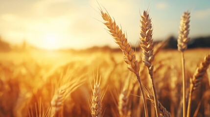 Golden Wheat Field Under Bright Sunset Sky