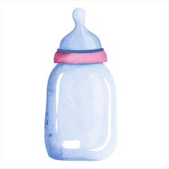 Watercolor baby bottle milk. Hand drawn nursery element. Things for newborn. Baby accessories