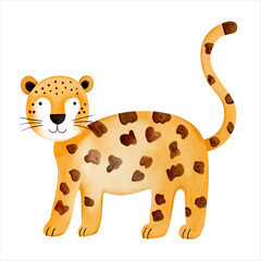 Cute watercolor leopard. Illustration of hand drawn cartoon leopard. Wild jungle safari animals.