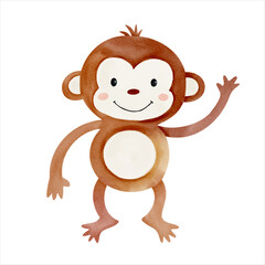 Cute watercolor monkey. Illustration of hand drawn cartoon chimpanzee. Wild jungle safari animals.
