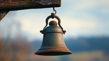 An old, weathered bell hangs from a wooden beam, with a blurred background of nature.