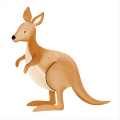 Cute watercolor kangaroo. Illustration of hand drawn cartoon kangaroo. Wild jungle safari animals.