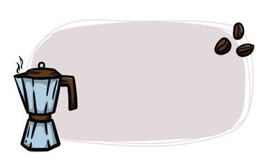 Simple vector sticker with a coffee pot and coffee beans. Template for price tag, label. Hand drawn illustration. Icons signs and symbols for design