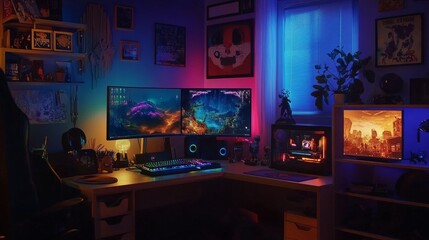 Computer game desk glowing with sRGB lights, clear dimly lit window visible, creating a cozy yet vibrant gaming atmosphere