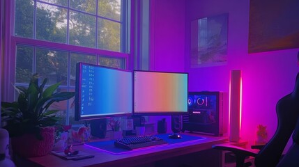 Computer gaming desk with sRGB lights, dim room with a clear window, creating an ambient, colorful space for gaming