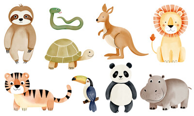 Wild jungle animals. Watercolor african lion, turtle, tiger, sloth, panda. Hand drawn safari animals set. © Hanna ArtLab