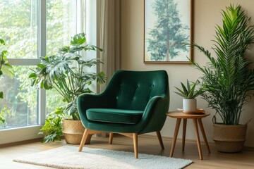Design of a cozy reading corner with a dark green accent chair