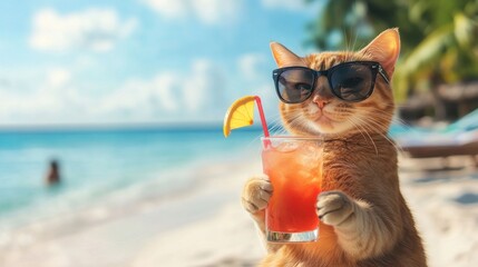 A cat wearing sunglasses holds a tropical drink with a lemon slice on the beach.