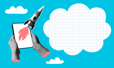 Hands holding tablet with launching rocket. Business startup concept. Modern collage. Financial support entrepreneur. Start new business