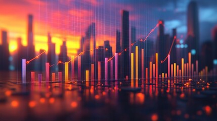 Abstract financial data visualization over city skyline.