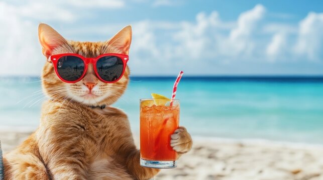 Cool Cat on Beach Holding Cocktail.