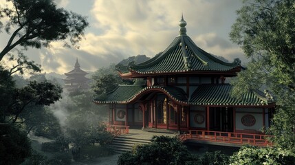 Fototapeta premium Traditional Asian temple with a green roof, red pillars, and a bridge leading to it surrounded by lush greenery.