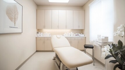 A consultation room in a dermatological clinic with comfortable armchairs and professional decor