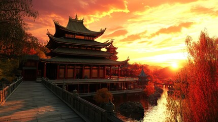 Fototapeta premium Chinese temple with red roof and golden sunset.
